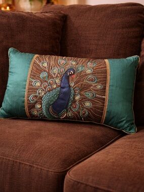 Embroidered Peacock Decorative Pillow - Teal & Navy